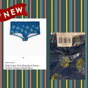 3X Wide Lace Trim Boyshort Panty - Cotton Ombre Skulls Blue